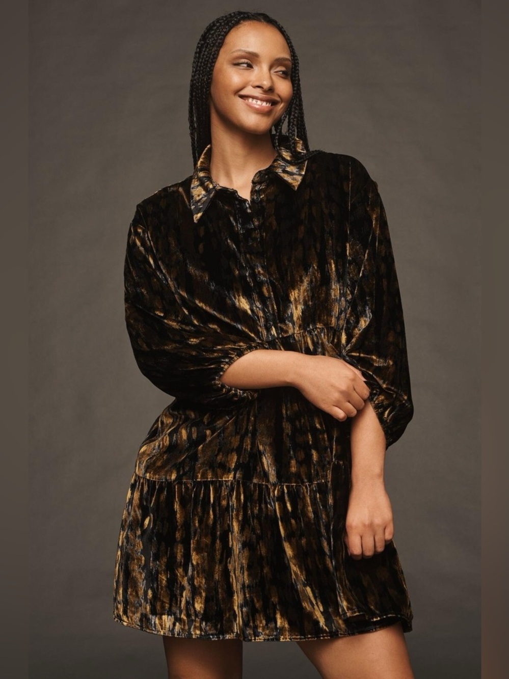 New Anthropologie Maeve Bettina Velvet Tiered Mini Shirtdress Size Small